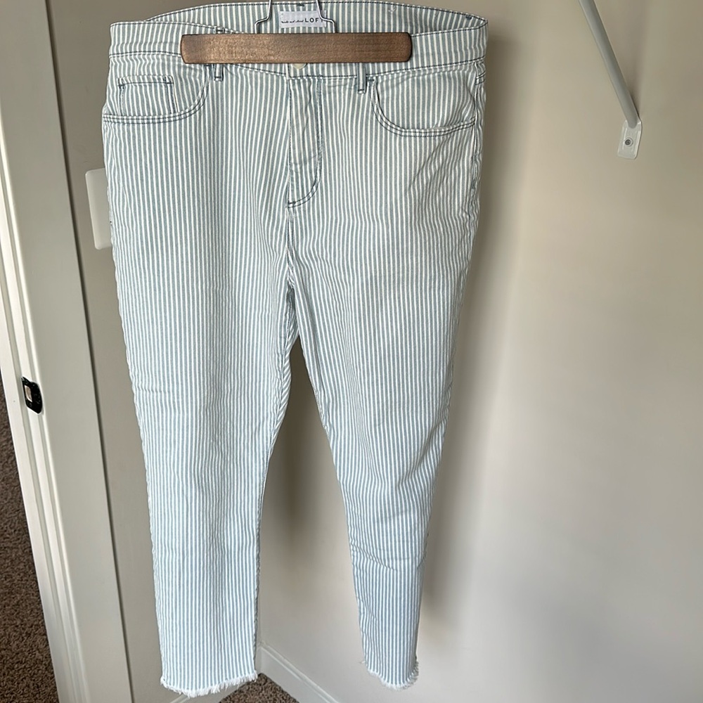 Loft Women's Light Blue & White Striped High Waist Skinny Crop Jeans Size 31/12